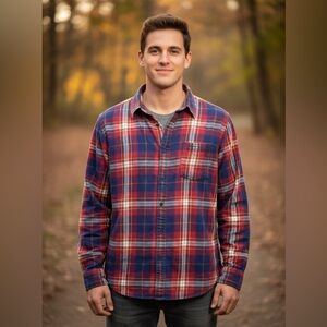 St. John's Bay Men's Plaid Flannel Button Down Shirt - Red and Blue